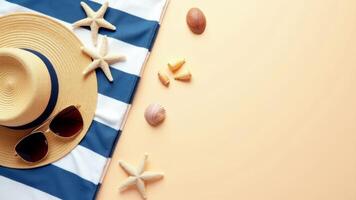 Beach Accessories Flat Lay On Beige Background photo