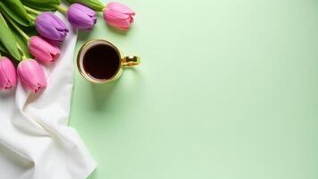 Tulips And Coffee On A Light Green photo