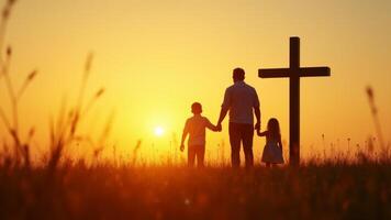 Father And Children At Cross, Sunset photo