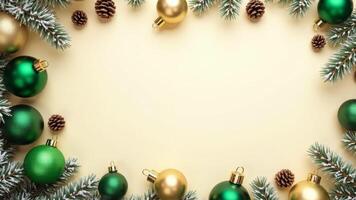 Christmas Frame With Green Ornaments, Pinecones photo