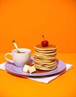 Stack of golden pancakes with cherry on lilac plate against orange background photo