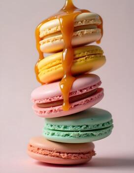 Bright and Playful Macaron Tower with Glossy Caramel Topping photo