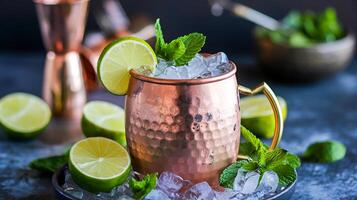 Refreshing Moscow Mule cocktail in copper mug garnished with lime and mint ice cubes dark background photo