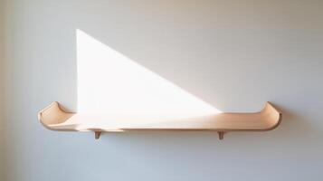 Minimalist curved wood shelf bathed in sunlight against a bright white wall creating a serene and photo