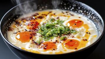 Steaming Creamy Ramen with Multiple Egg Yolks and Garnish photo