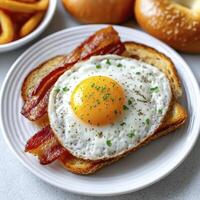 Close up of Sunny Side Up Fried Egg with Crispy Bacon on Toasted Bread photo
