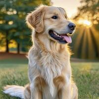 Golden Retriever at Sunset A Calm Portrait in a Grassy Field photo