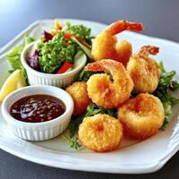 Crispy Breaded Shrimp with Salad and Dipping Sauce photo