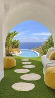 Tranquil Poolside Oasis Viewed Through a White Archway photo
