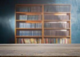 Table on the background of the bookcase photo