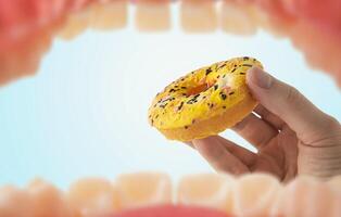 Donut in hands view from the mouth photo