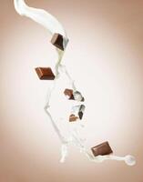 Chocolate falling into milk on a brown background photo
