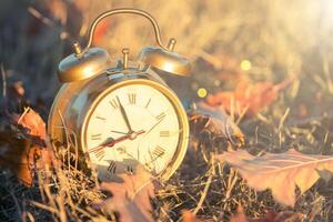 An alarm clock is sitting in the grass with autumn leaves photo