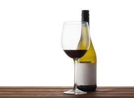 Bottle of red wine and a glass on the table with isolated background photo