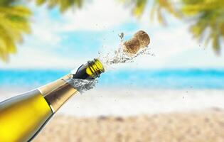 Opening a bottle of champagne on the sea beach photo