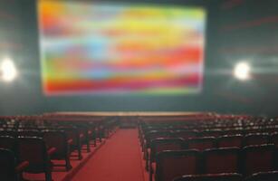 An empty theater with red seats and a large screen photo