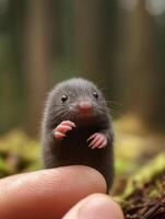 Tiny baby star-nosed mole peeking from between fingers in a lush forest setting during daylight hours photo