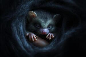Soft and delicate pygmy possum peacefully resting within a cozy nest at twilight in the wilderness photo