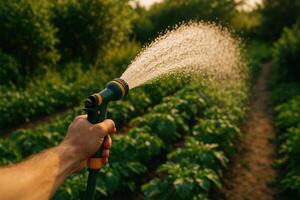 A person is watering a garden with a hose photo