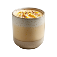 Creamy Yellow Smoothie in a Textured Ceramic Cup with Tropical Fruit and Garnish png