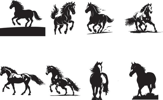 Silhouettes of Running Horses in Various Poses
