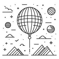 A line drawing of a hot air balloon flying over mountains and planets vector