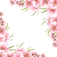 Pink flowers of almond with leaves and buds watercolot square frame isolated. Floral template with copy space from spring sakura, cherry blossom. Illustration of spring blooming fruit in sketch png