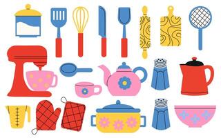 Set of kitchenware. Cooking tools, utensil, equipment and cutlery. Set for baking and dough preparation. Flat illustrations of cookware objects isolated on white background. vector