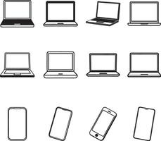 Set of Tech Device Icons Featuring Laptops and Smartphones in Multiple Angles vector