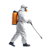 Man in a white protective suit with a sprayer png