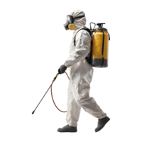 Man in a protective suit and gas mask is walking with a sprayer png
