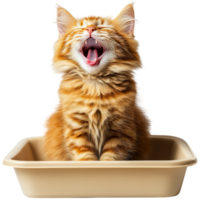 A fluffy orange cat sitting in a small litter tray, yawning with its mouth wide open, showcasing its vibrant fur and playful demeanor. png