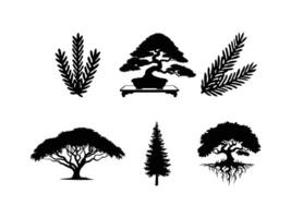 Tree and Leaf Silhouettes Set Bonsai, Pine, Roots, and Forest Elements vector