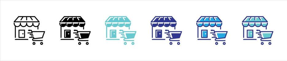 store icon set. store with cart outline stroke and different color style, marketplace, online store symbol sign icon vector