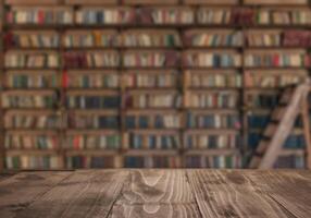 Empty table with library on background photo