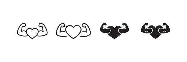 Strong Heart with Flexing Arms Icon Set in Outline and Solid Style vector