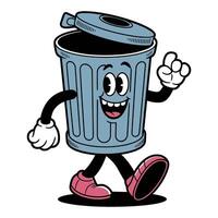 Cartoon walking trash can character with happy face and pink shoes on white background, image vector