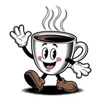 Retro cartoon character of cheerful coffee cup waving with warm smile in playful, design style vector