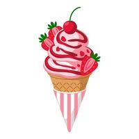 Strawberry ice cream cone with cherry and berries on white background, flat illustration vector
