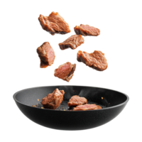 meat falling into a frying pan on a transparent background png