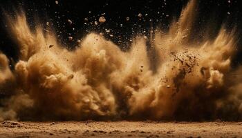 Abstract Brown Ground Explosion. A Soil Explosion On Black With A Cloud-Like Formation In An Abstract And Artistic Interpretation photo