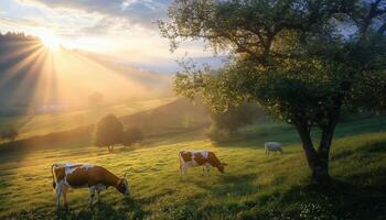 Cows Grazing In Idyllic Rural Areas Of Slovenia, Europe With Morning Sunbeams Shining Through Apple Tree Branches. photo