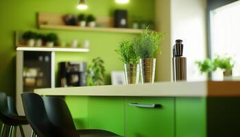 Close Up Shot Of A Green Kitchen Corner With Bar, Showcasing The Details And Design Elements In Title Case Format. photo