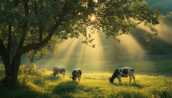 Cows Grazing In Idyllic Countryside Of Slovenia, Europe. Morning Sunbeams Filtering Through Apple Tree Branches On Rural Pasture photo