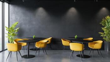 Rendering Mock Up Of A Black Cafe Corner With Concrete Floor, Round Black Tables, And Yellow Chairs. Design Concept In Action photo
