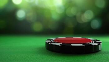 Green Blurred Lights With Red And Black Poker Chips In A Casino Setting On The Web. An Eye-Catching Image For Poker Enthusiasts photo
