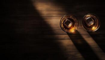Top View Of Two Glasses Of Whiskey, Rum, Brandy, Or Bourbon With Ice Cube On Wooden Table In Dim Lighting. Alcohol, Spirits, Drinking Establishment Advertisement photo