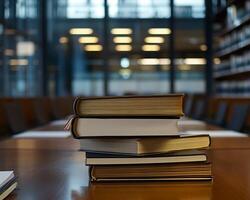 Stack of Four Books on Wooden Table in Library Setting photo