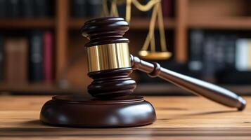 Gavel on Sound Block with Bookshelf and Scale of Justice Background photo