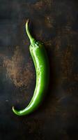 Vibrant Green Chili Pepper on Dark Background Captured in Natural Light for Culinary Inspiration photo